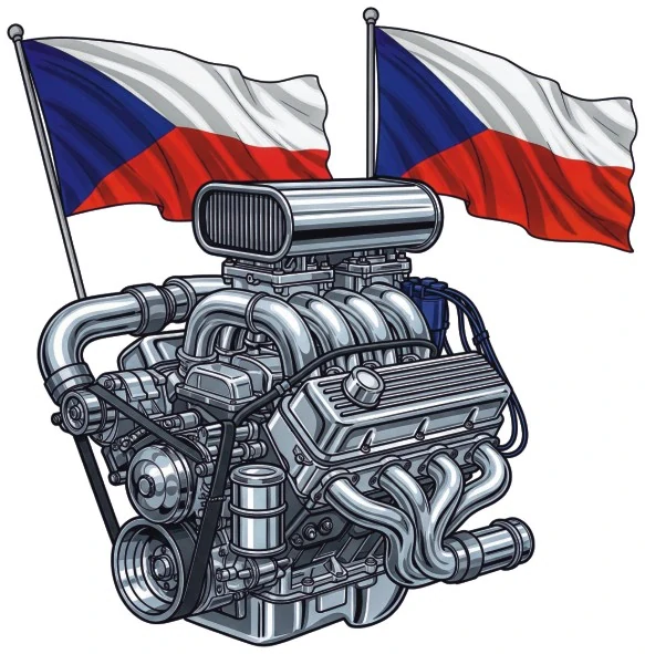 V8 motor s českými vlajkami