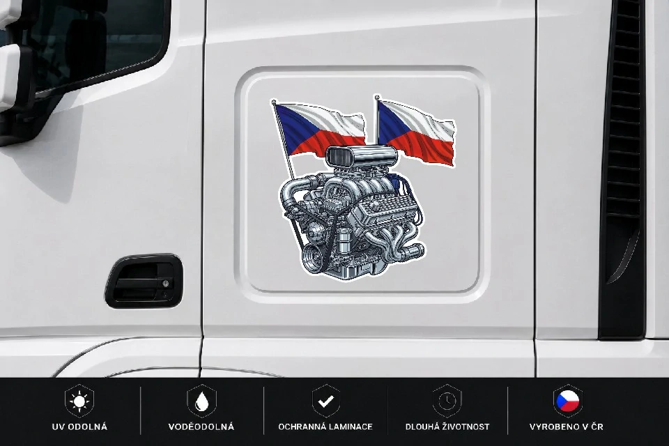 V8 motor s českými vlajkami